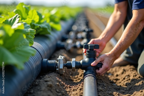 Close-up image of person adjusting drip irrigation system valve in a vegetable farm field for efficient sustainable agriculture watering