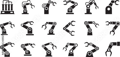 Schilderij op canvas Industrial robotic arm icons, robot gripper symbols, mechanical claw signs, 20 b