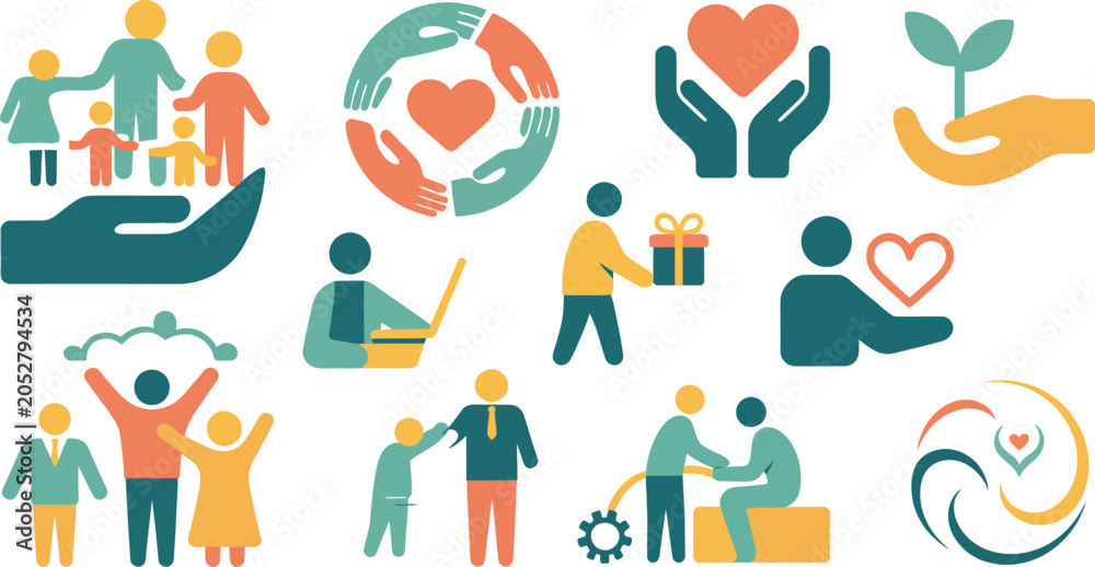 Fototapeta premium Charity Community Helping Hands Icons Diverse People Care Support Symbols vector design