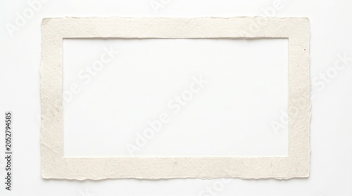 Minimalist blank off-white handmade paper frame with deckled edges on a plain white background