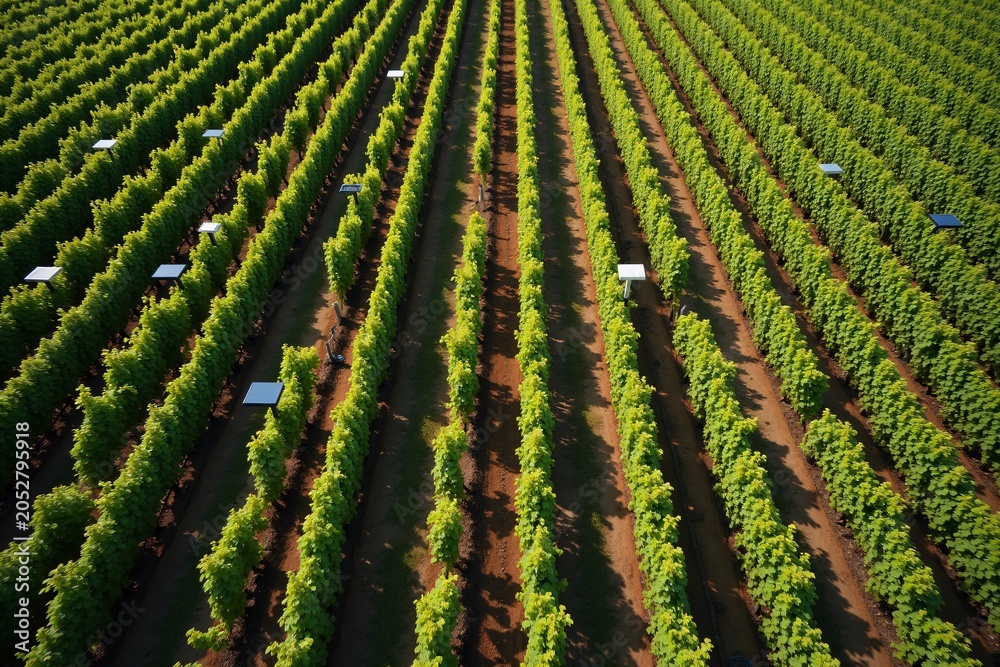 Fototapeta premium Aerial view of green vineyard rows neatly organized in the farm with sunlight casting shadows on the soil during daytime