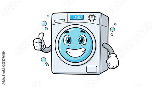 Cute cartoon washing machine character giving thumbs up with appliance, thumbsup