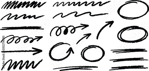 Foto Collection of hand drawn marker arrows wavy lines scribbled loops and rough circle shapes vector graphic