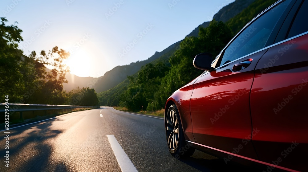 Naklejka premium A car drives along a scenic road surrounded by lush green forests under bright midday sunlight