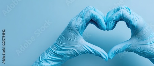 Doctor's hands in protective medical gloves hold a bottle of coronavirus vaccine in a heart-shaped gesture on a blue background. Vaccination. Immunization. Fighting the pandemic. Banner. Copy space