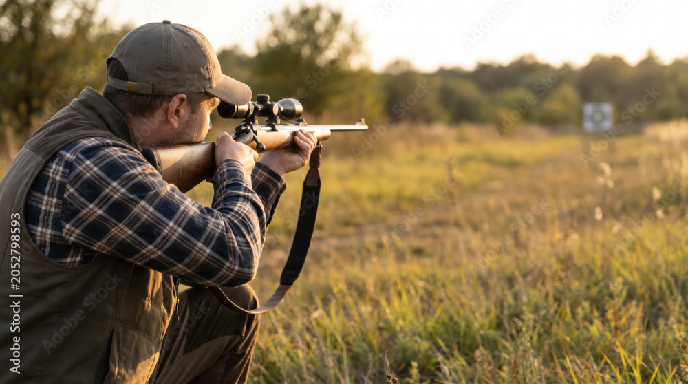 Fototapeta premium Hunter Aiming Scoped Rifle in Open Field During Hunting Season