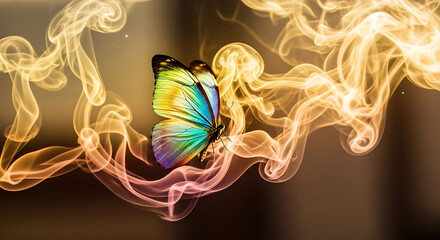 Colorful bird flying through golden smoke