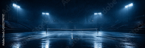 Rainy Tennis Court Under Stadium Lights at Night