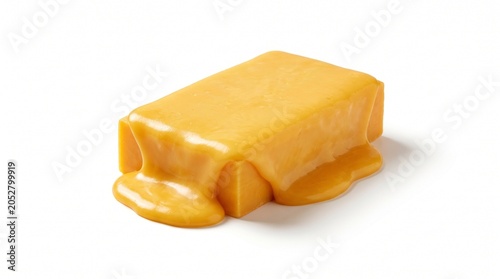 Melting block of cheese on white background