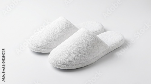 White terrycloth slippers, pair, on plain background