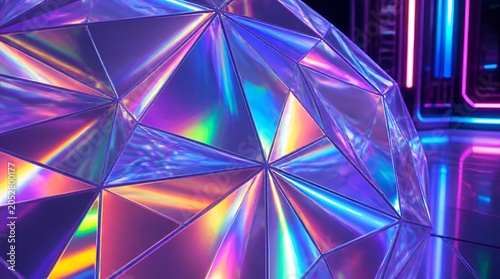 Iridescent geometric background with colorful abstract triangle facet patterns.