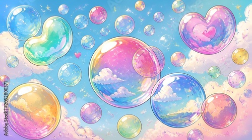 Iridescent heart-shaped bubbles floating in cloudy blue sky background.