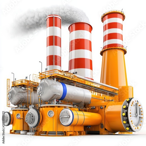 Orange Industrial Power Plant with Red and White Striped Smokestacks
