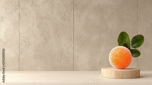 Orange Sugared Gumdrop on Wooden Pedestal with Green Leaves against Textured Beige Wall
