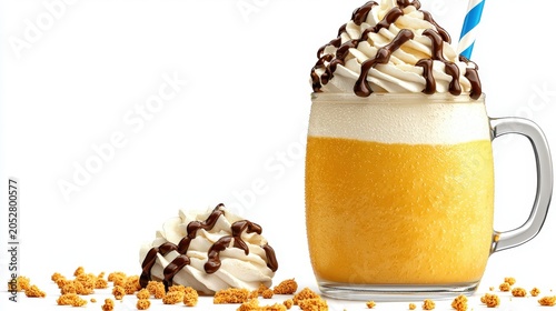 Orange Yellow Smoothie Topped with Whipped Cream and Chocolate Drizzle in Glass Mug on White
