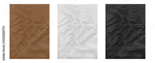 Set of crumpled paper sheets. Brown black and white folded cardboard bg . Winkle craft texture with dust grain pattern. Torn antique page or parchment. Horizontal old rough realistic vector carton