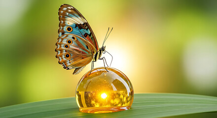 Butterfly resting on a shiny golden leaf