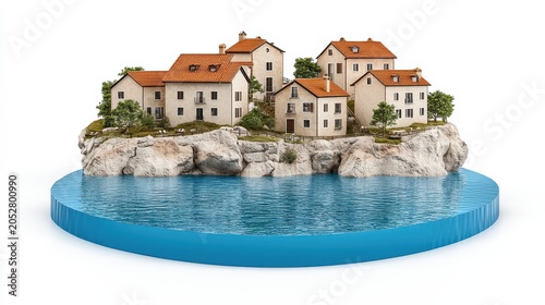 Picturesque Coastal Village on a Rocky Island, Digital Rendering