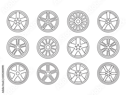 Set of various car wheel designs  different rim styles  isolated on white background