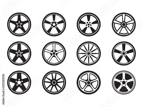Setofvariouscarwheelrimsindifferentstylesanddesignsonwhitebackground