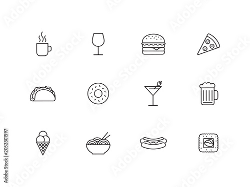 Various food and drink icons including coffee mug wine glass hamburger pizza taco donut cocktail beer ice cream bowl hot dog sandwich