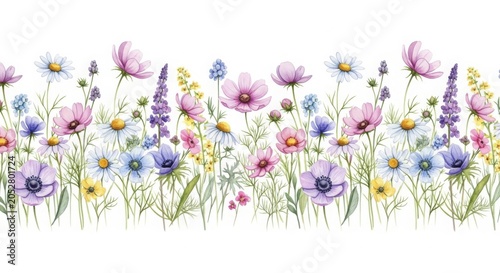 Horizontal border of purple cosmos and blue anemone flowers with daisies isolated on a pure white background for web page headers