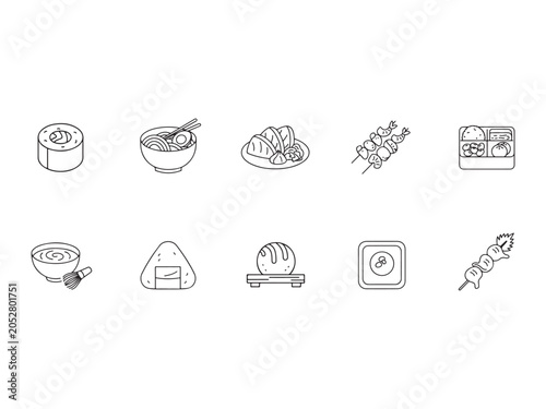 Various Japanese food and dish icons including sushi rice bowl bread pastry skewers and bento  isolated on transparent background