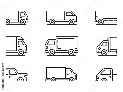 Various truck and trailer icons in simple line art style for logistics and transportation concepts  vehicle symbols