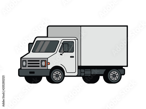 White delivery truck with gray box and black wheels and front bumper and side mirror and windshield and headlights isolated on transparent background
