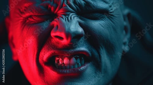 Close up of a vampire mouth with fangs and red lighting