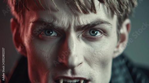 Close up of a vampire face with sharp fangs and piercing blue eyes in dramatic lighting