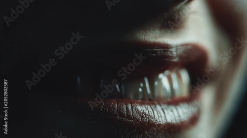 Close up of a woman's mouth with sharp vampire fangs and dark red lipstick