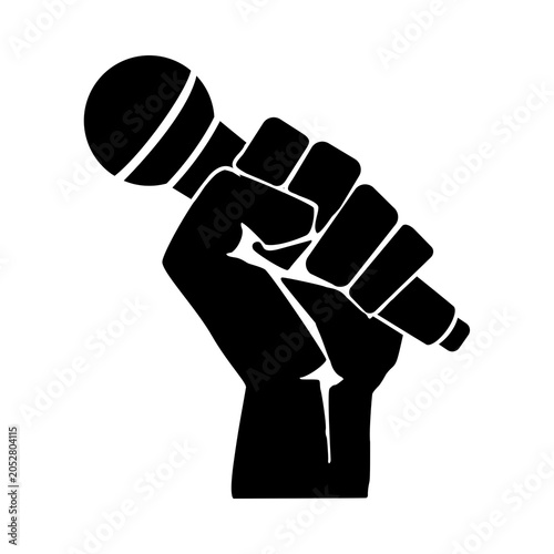 Black fist holding microphone isolated on transparent background