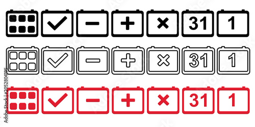 Set of calendar icons, flat, outline, and 3D vector illustration