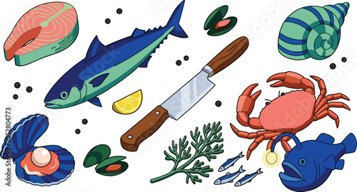 Fresh seafood market cooking illustration set featuring marine life icons like salmon steak tuna whole fish crab anglerfish oyster pearl mussel shell dill and knife