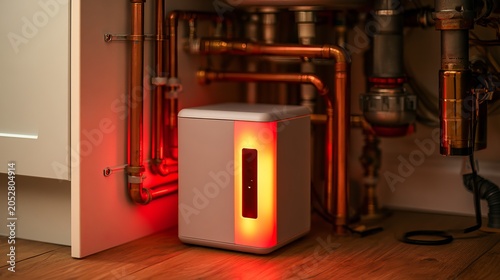 A modern white device with a glowing red light is situated on a wooden floor next to a cabinet and copper pipes.