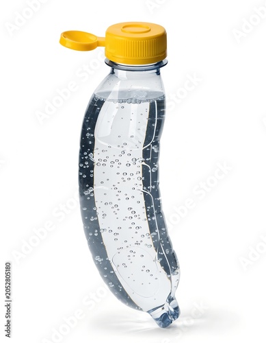 Creative Banana Shaped Plastic Beverage Bottle Isolated on White Background.