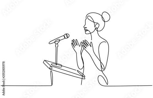 Single one line drawing of Business presentation woman trainer talking microphone vector illustration.