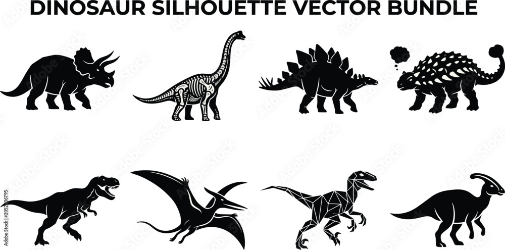 Fototapeta premium Dinosaur Silhouette Vector Bundle Featuring Triceratops Tyrannosaurus Stegosaurus Velociraptor Pterodactyl and Sauropod Illustrations