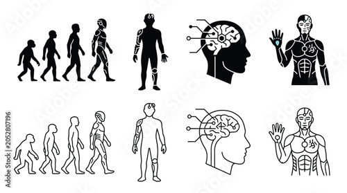 Tableau sur toile Set of icons representing human evolution and transhumanism, including stages of