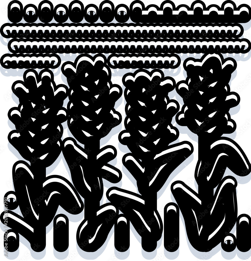 Fototapeta premium Stylized black and white illustration of abstract wheat stalks with bold outlines standing in a field beneath a patterned sky, minimalist vector emblem for agriculture and harvest