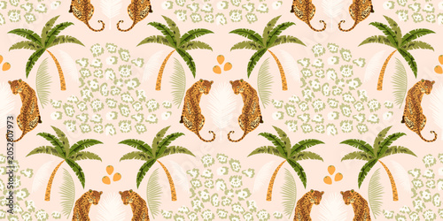 Seamless tropical leopard pattern with palm trees and exotic jungle foliage. Leopard skin print background warm pastel tones design. Home interior for textiles, wallpaper, wrapping paper, backgrounds