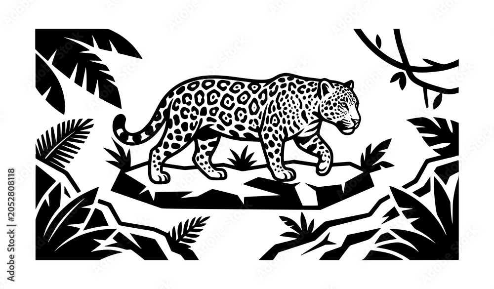 Obraz premium Majestic Jaguar Jungle Wildlife Black White Vector Illustration