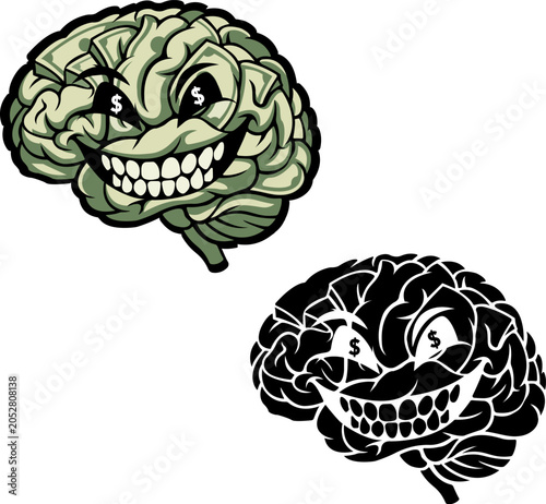 Quadro su tela Greedy cartoon brain mascot with dollar signs in eyes vector set, evil grinning