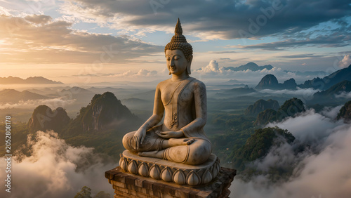 Buddha statue above misty mountains at sunrise. Sacred meditation landscape. Spiritual awakening and inner peace. Buddhist travel retreat