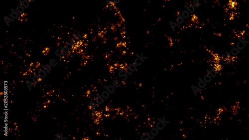 Abstract glowing fire embers and sparks floating on black background. Seamless animated texture of burning ash, hot lava, and fiery particles for transition effects.