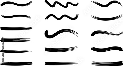 Black ink brush strokes set. Paint smudge line vector illustration. Textured grunge underline elements collection. Abstract scribble wave banner background.