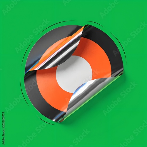 Peeling and Folding Round Sticker Display Animation with Orange and Black Metallic Design on Green Background.