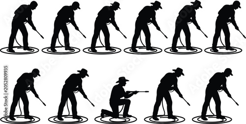 Bild auf Leinwand Metal Detecting and Treasure Hunting Silhouette Collection with Detector Operato
