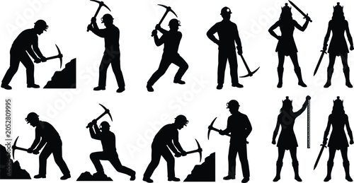 Принти на полотні Mining Workers and Fantasy Warrior Silhouette Collection with Pickaxe Laborer an